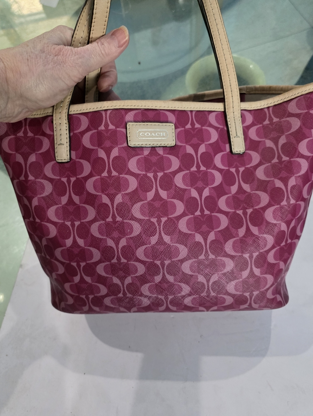 COACH Pink Signature Canvas Tote with Beige Trim and Handles